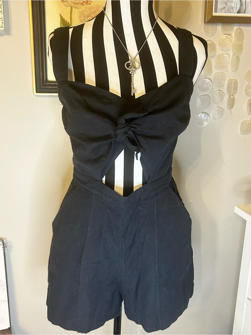 Abercrombie & Fitch Black Linen Knot-Front Cutout Romper